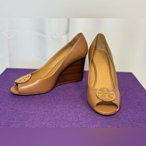 Tory Burch Brown Peep-Toe Wedges